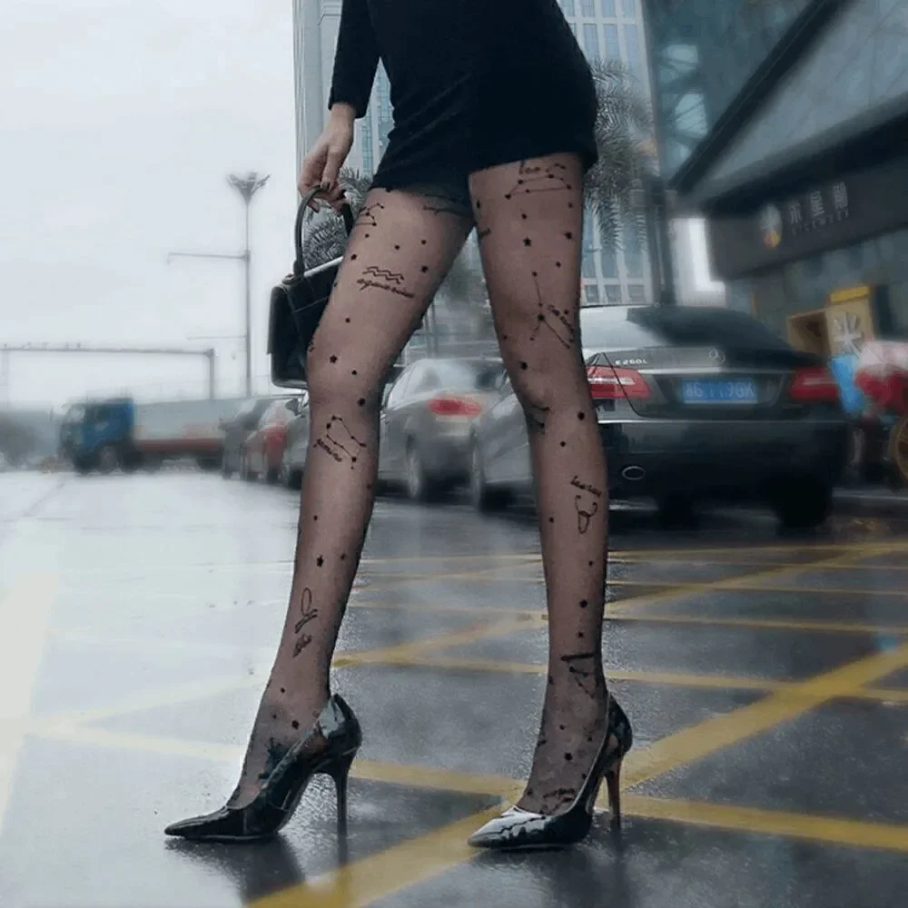 ⭐ Astrology Zodiac Constellations Tattoo Printed Black Sheer Nylon Tights NEW